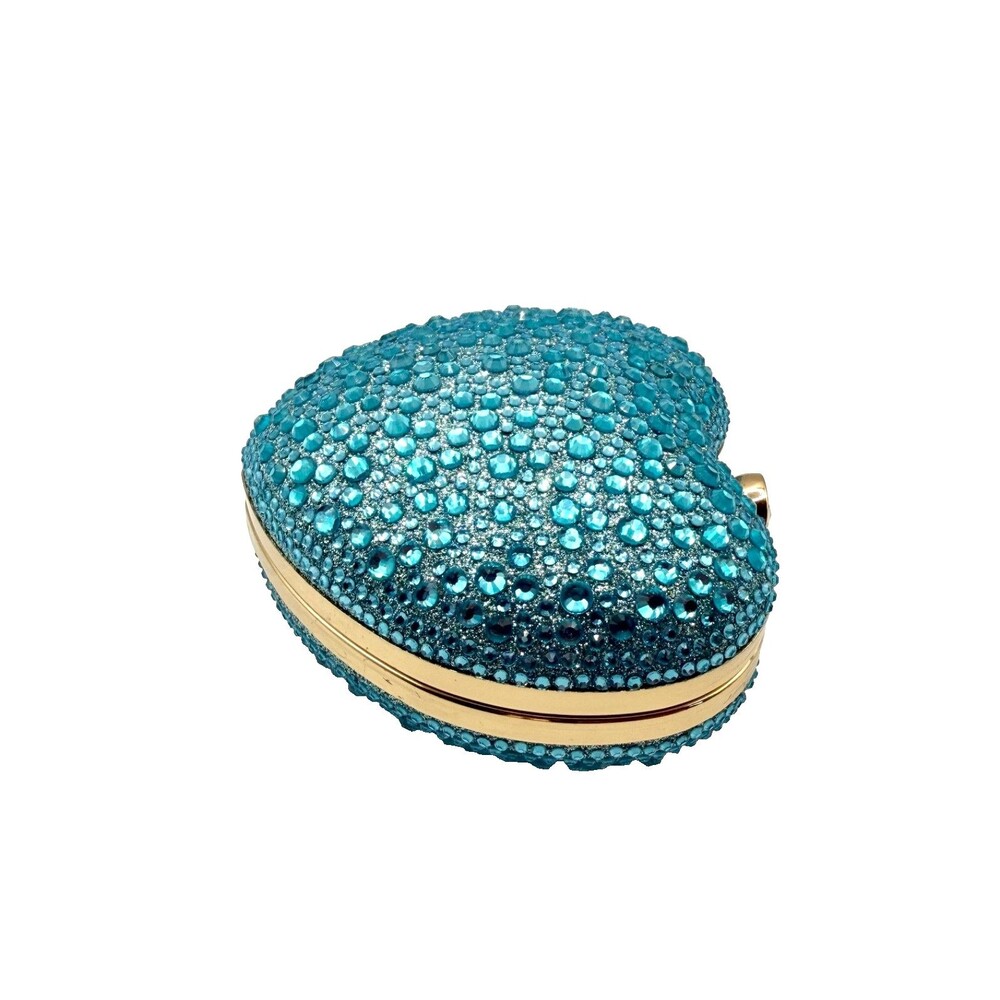 Blue Crystal Heart Clutch Bag Gold Handle Formal Evening Cocktail Purse NEW - Picture 6 of 8